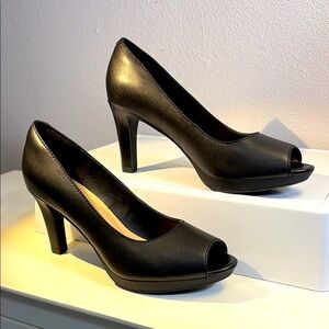 Clarks Elegant Black Peep-Toe Heels